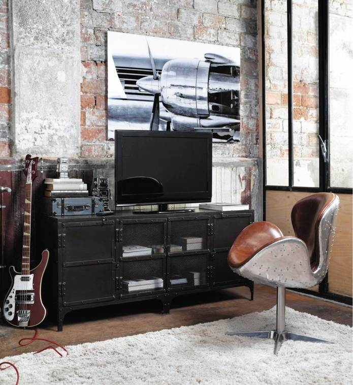 meuble tv design idée aménagement bibliothèque tapis de sol fauteuil cuir meuble tv noir style industriel