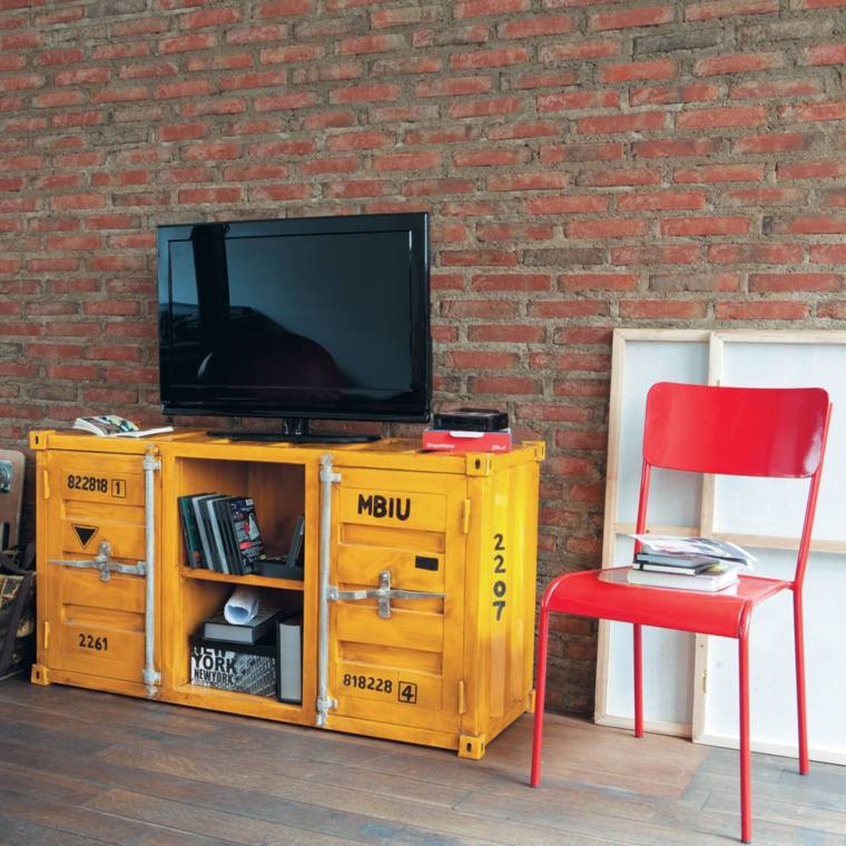 meuble tv bibliothèque vintage design moderne aménagement salon moderne mur briques maisons du monde 
