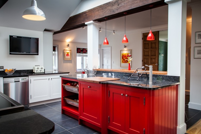 modèle de cuisine rouge meubles bois