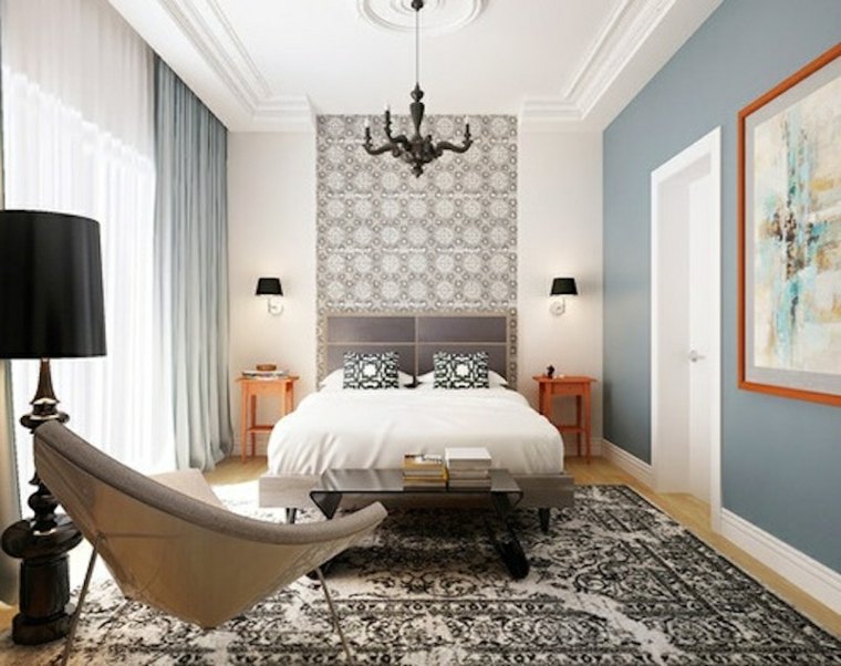 chambre à coucher design tête de lit moderne tapis de sol noir et blanc fauteuil beige décoration tableau rideaux