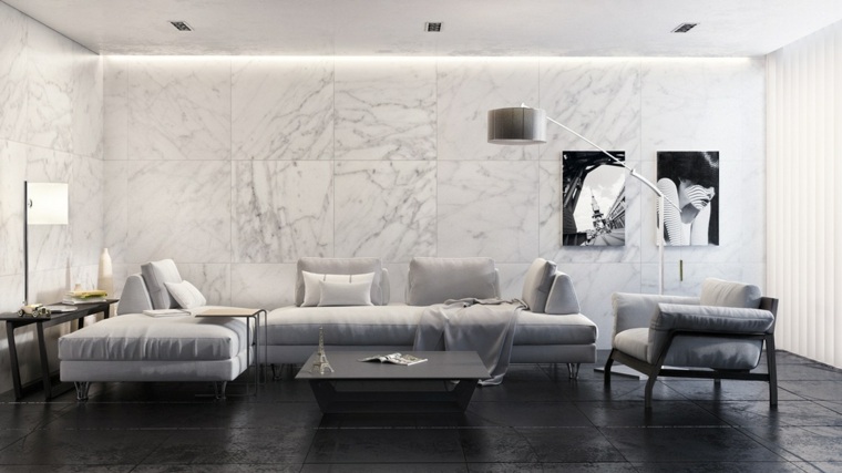 habiller un mur marbre design canapé gris coussins idée déco mur composition cadres