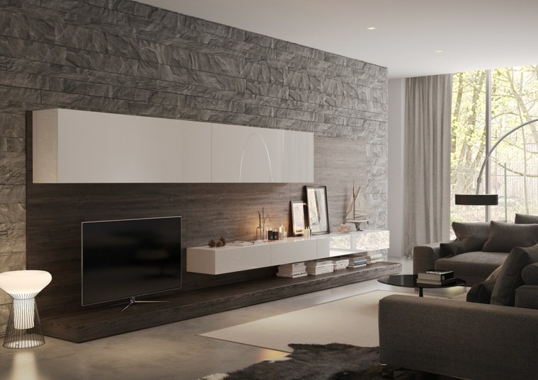 intérieur salon mur relief design meuble bois laqué blanc étagères canapé gris coussins design