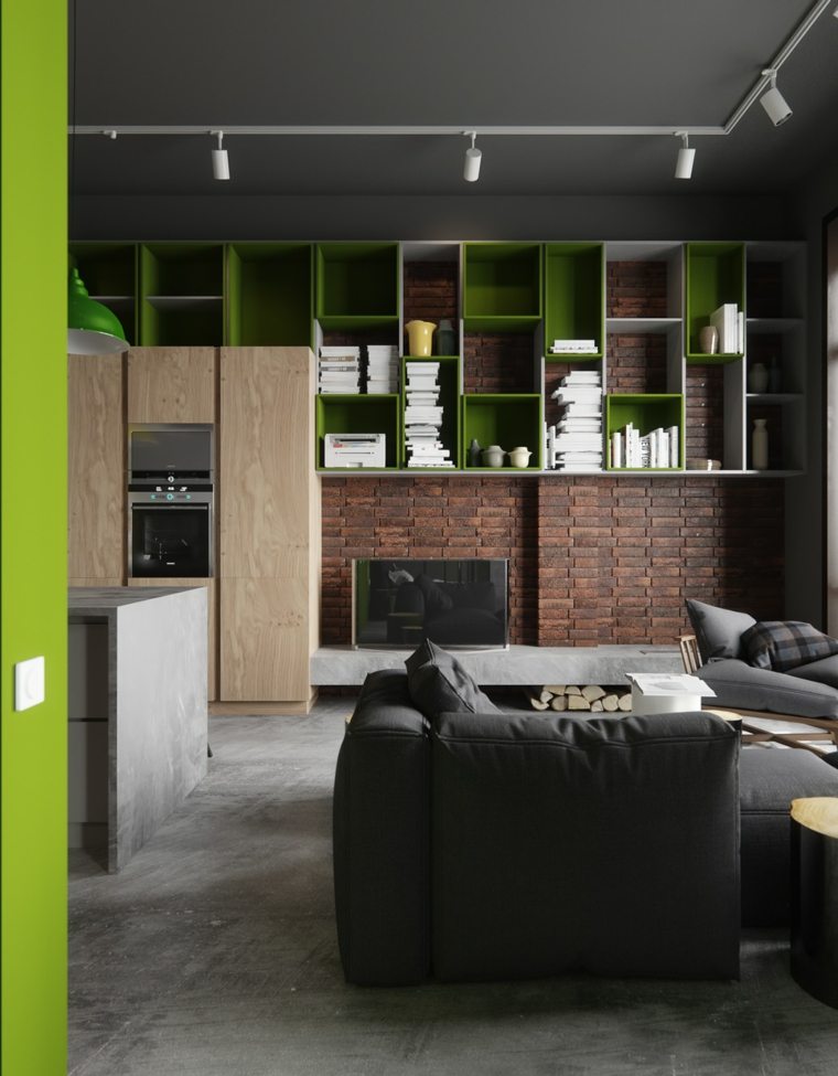 intérieur industriel idée mur briques étagères bois meuble rangement canapé noir design moderne idée fauteuil coussins