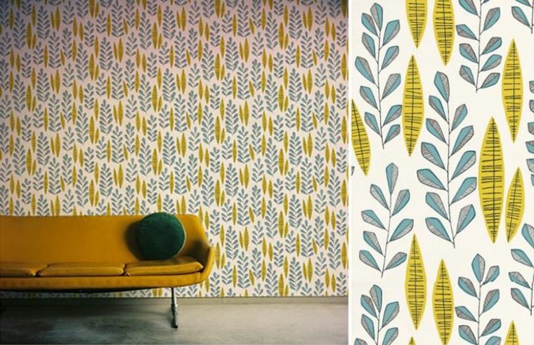 papier peint original salon idée décoration mur canapé jaune coussin