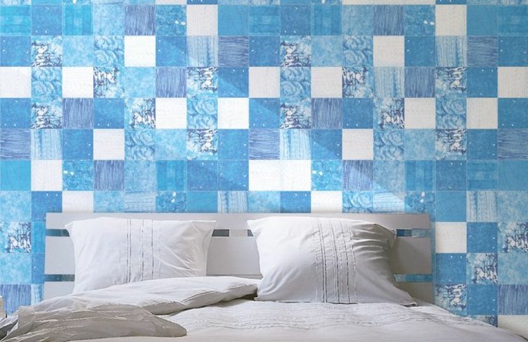 papier peint carrelage imitation bleu chambre à coucher mur déco tête de lit