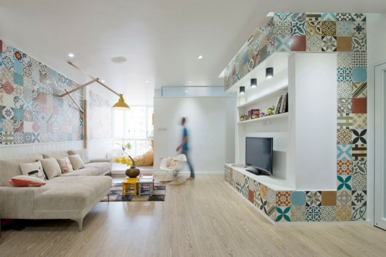 papier peint déco mur salon idée canapé design aménagement meuble télé design