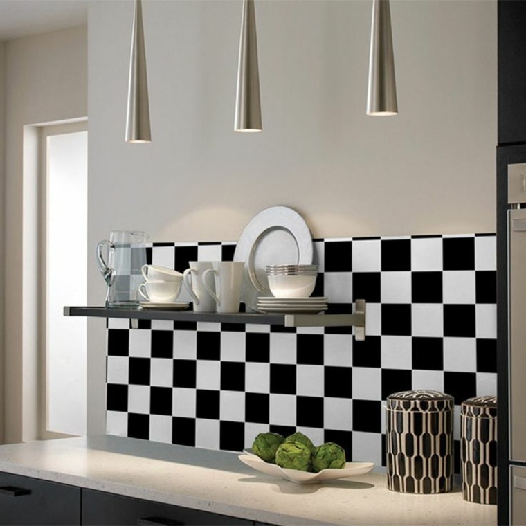 papier peint déco mur noir et blanc design étagère moderne idée cuisine aménagement
