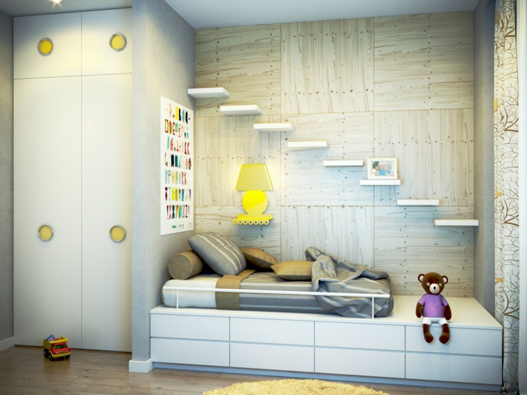 chambres enfant lit idée tapis de sol armoire bois blanc design parquet 