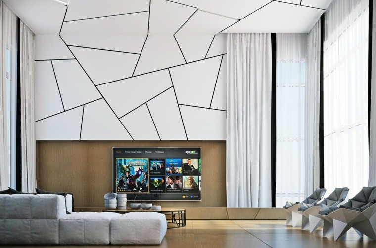 mur géométrique blanc design idée meuble tv canapé gris table en bois fauteuil salon design