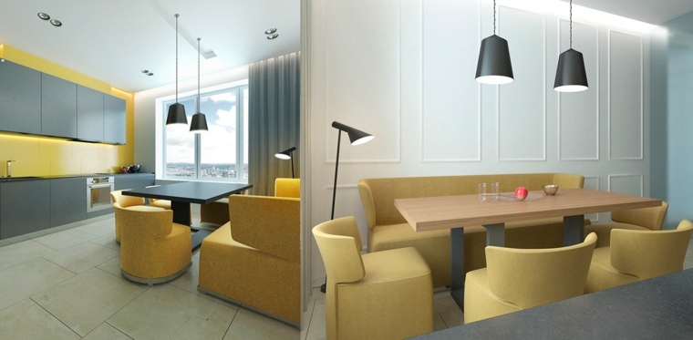 aménager son intérieur cuisine design idée table grise canapé jaune fauteuil table en bois
