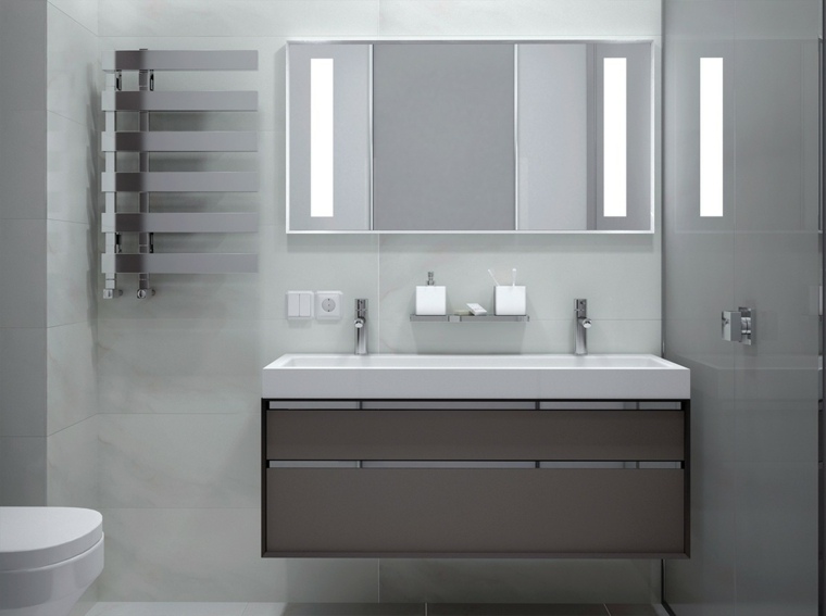 salle de bains moderne idée aménagement meuble bois miroir intérieur toilettes minimaliste 