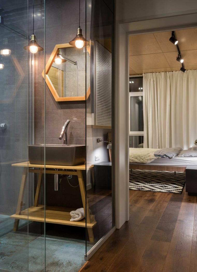 salle de bain design idée aménagement moderne appartement miroir luminaire suspendu évier 