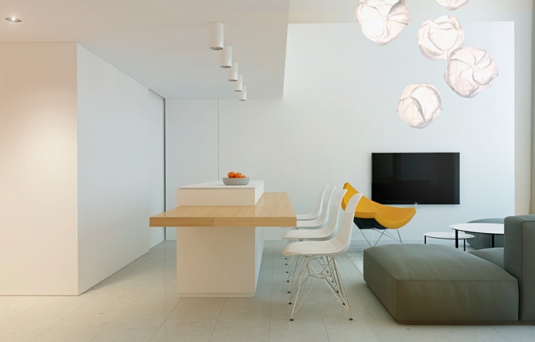intérieur moderne design table en bois chaise blanche déco luminaire suspension pouf 