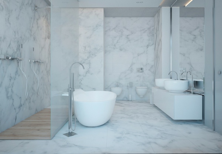 salle de bains marbre design aménagement cabine douche baignoire blanche évier blanc design toilettes