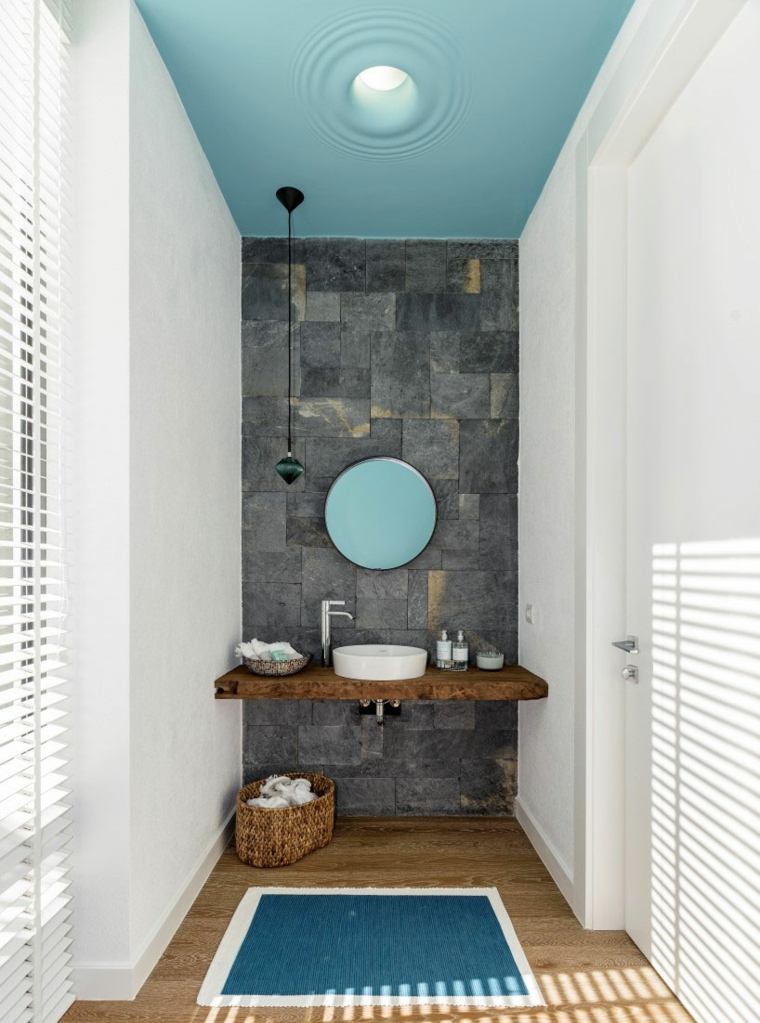 maison intérieur design idée évier miroir rond moderne tapis de sol bleu ofist design studio istanbul turquie