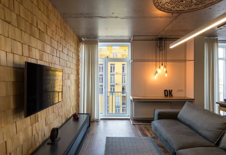 salon design idée réaménagement espace moderne canapé gris luminaires suspension