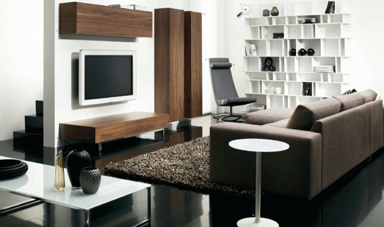 salon noir design contemporain idée aménagement tapis de sol marron meuble en bois étagères blanches table basse salon déco objets design noir