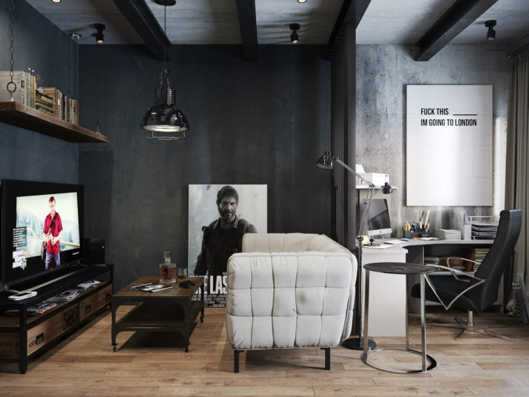 salon contemporain gris foncé noir design style industriel luminaire suspendu noir design 