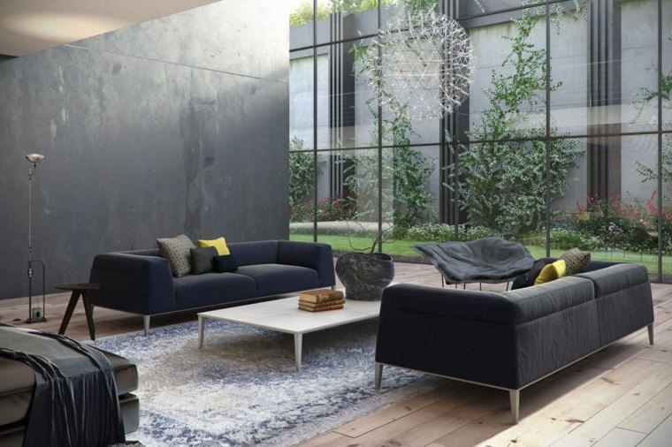salon contemporain en gris design canapé idée coussins tapis de sol moderne 