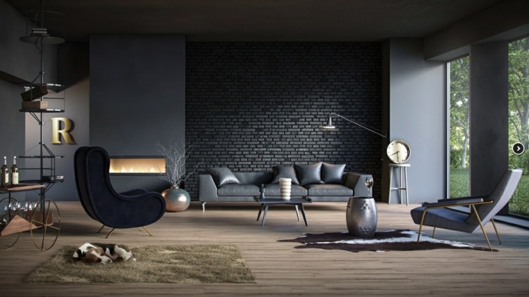 intérieur salon contemporain moderne salon design carrelage bois mur briquettes noires