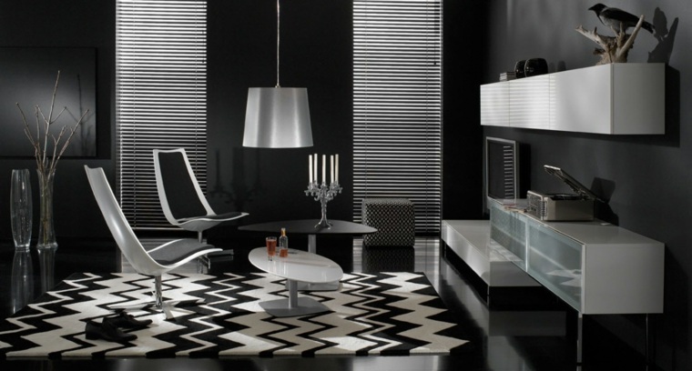 salon design harmonie noir et blanc tapis de sol fauteuil table basse salon luminaire suspendu meuble blanc