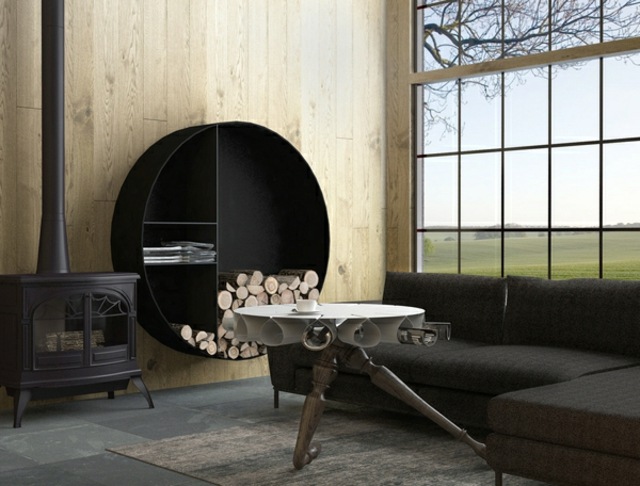 table basse design original acier aluminium salon idée meuble design cheminée bois canapé d'angle noir gris foncé 