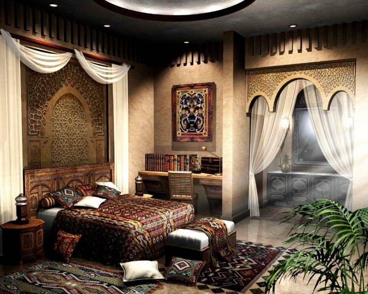 tetes de lit bois chambre style oriental