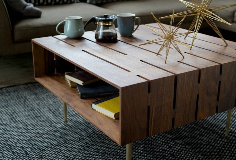 table avec rangement bois design salon aménagement mobilier idée