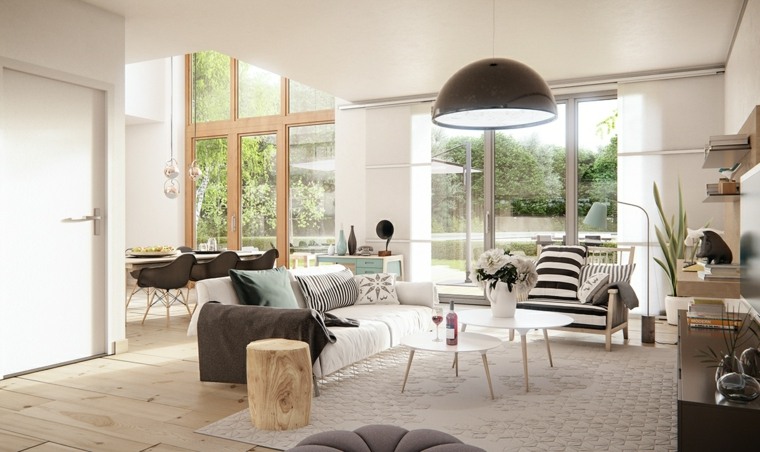 portes fenêtres salon intérieur design table basse bois blanche tapis de sol canapé style scandinave luminaire suspension Mooneye 
