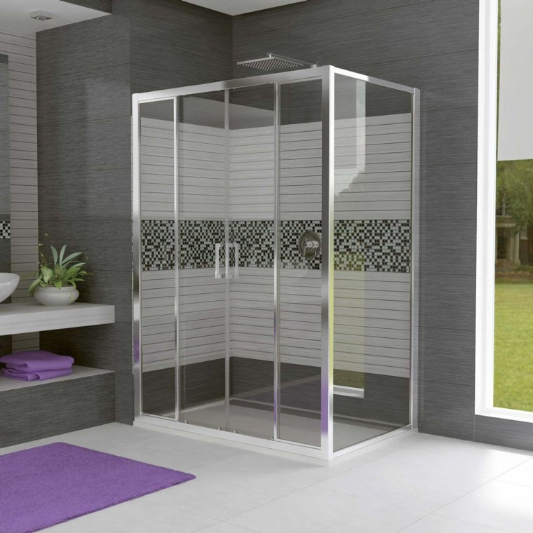 cabine de douche paroi verre tapis de sol violet idée déco plantes
