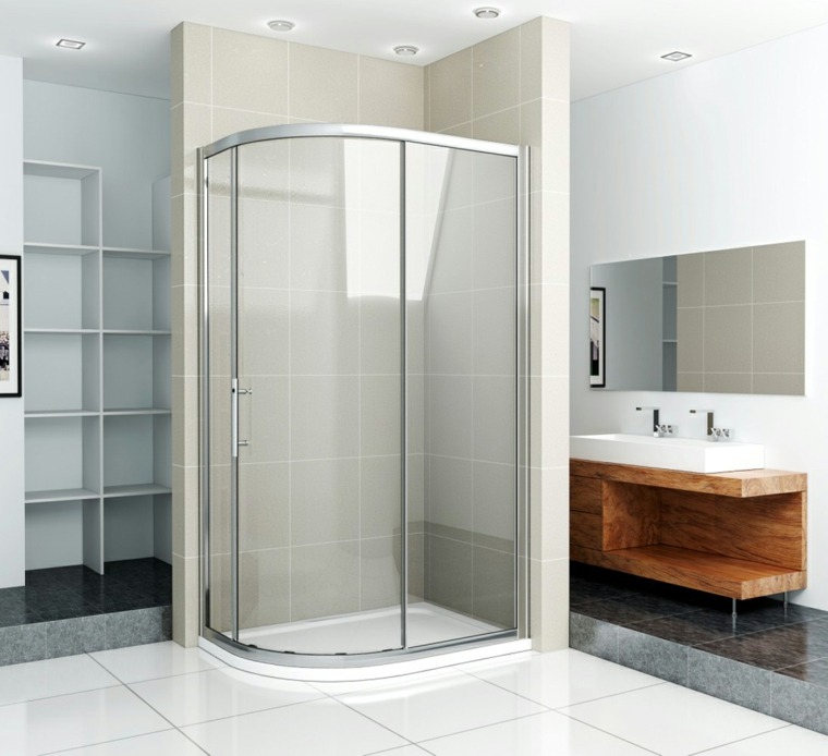 cabine de douche angle idée paroi verre salle de bain mobilier bois 