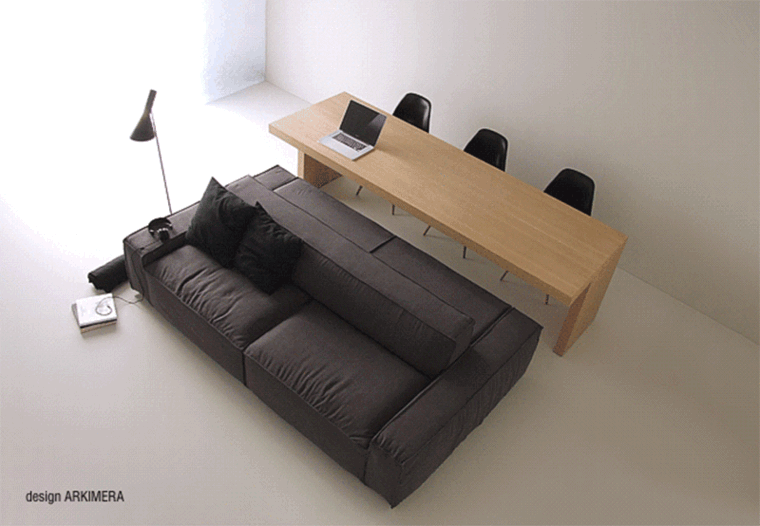 canapé petit espace double face design table en bois laqué chaise noire lampe design arkimera