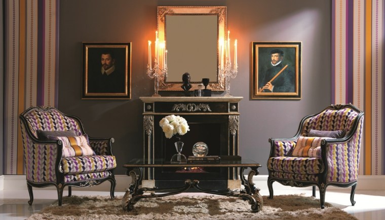 cheminée moderne classique salon idée aménagement décoration tableaux mur fauteuil coussin tapis de sol beige