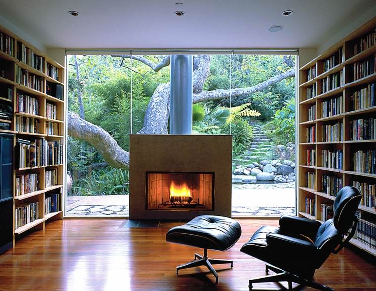 cheminée moderne salon design fauteuil pouf cuir bibliothèque parquet bois salon rangement design