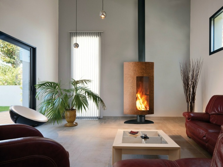 cheminée design bio éthanol vitre panoramique idée salon design plante luminaire suspension table basse bois verre