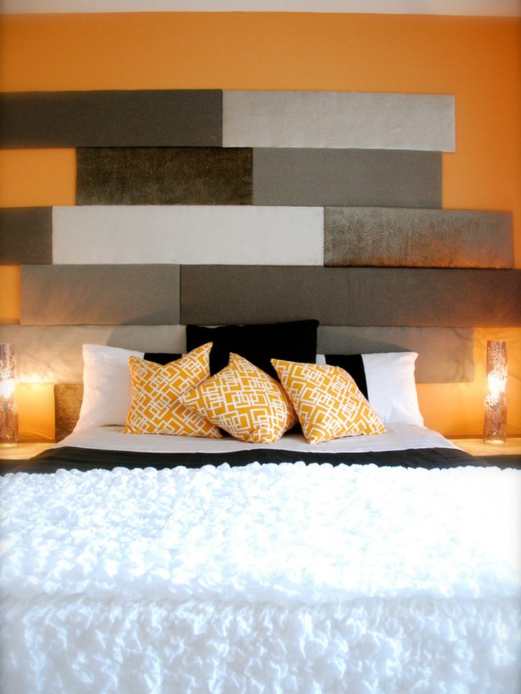 nuance gris idée tete lit diy chambre à coucher mur orange lit coussins déco éclairage