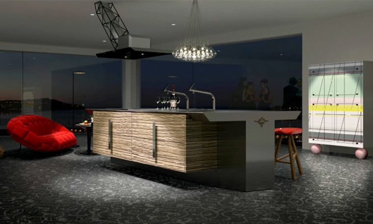 cuisine design séparation salon idée fauteuil rouge îlot central bois éclairage suspension