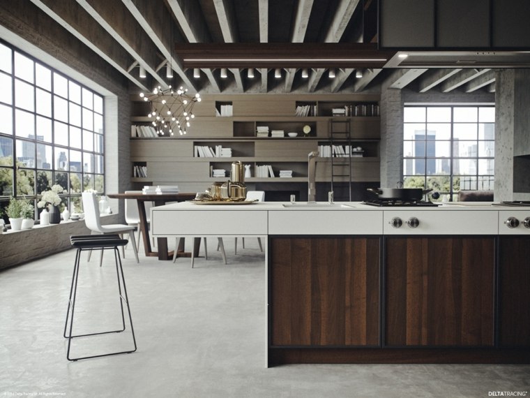 cuisine en bois moderne design ilot plafond style industriel