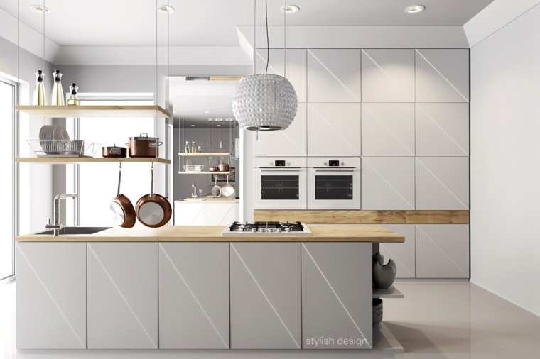 cuisine moderne bois design ilot suspension luminaire idée mobilier blanc déco