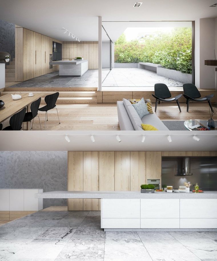 espace ouvert cuisine design moderne ilot central déco plafond idée chaise noire 