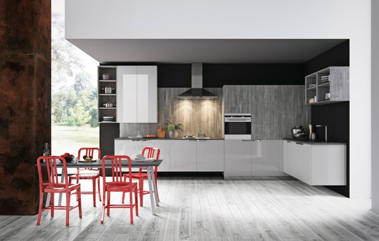 cuisine bois moderne blanc design idée salle à manger table bois chaise rouge