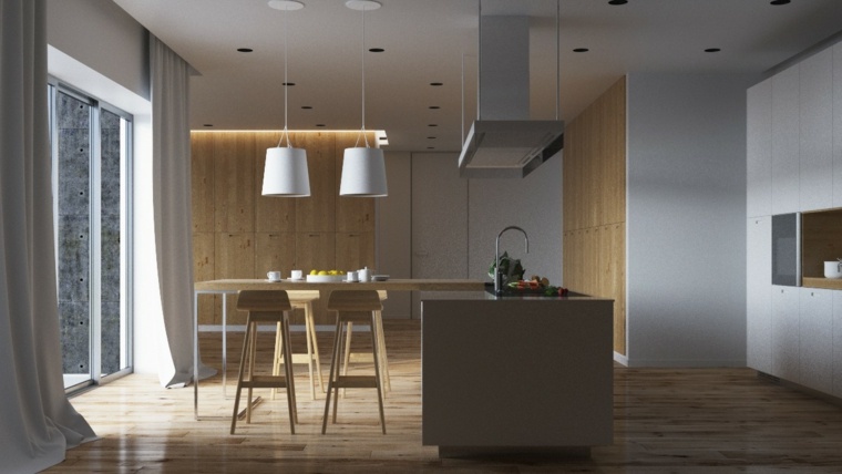 aménagement cuisine moderne luminaire suspension design ilot central hotte aspirante