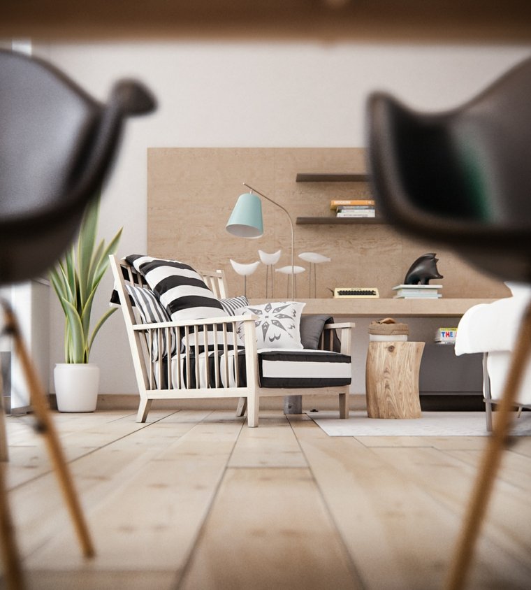 intérieur salon style scandinave design fauteuil moderne noir et blanc bureau bois