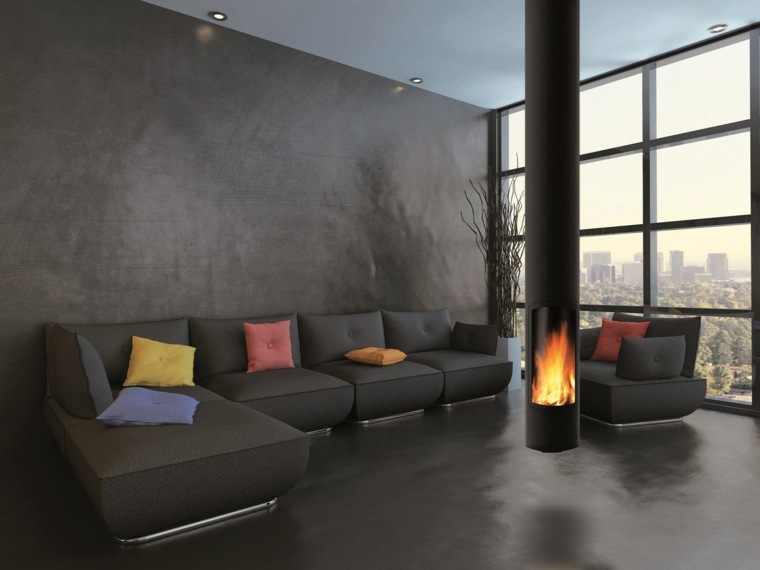 cheminée design salon idée cheminées modernes canapé d'angle