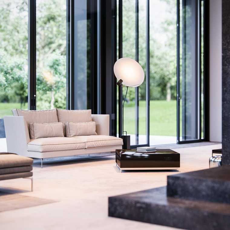 intérieur salon moderne design canapé rose coussins déco table basse bois design idée 