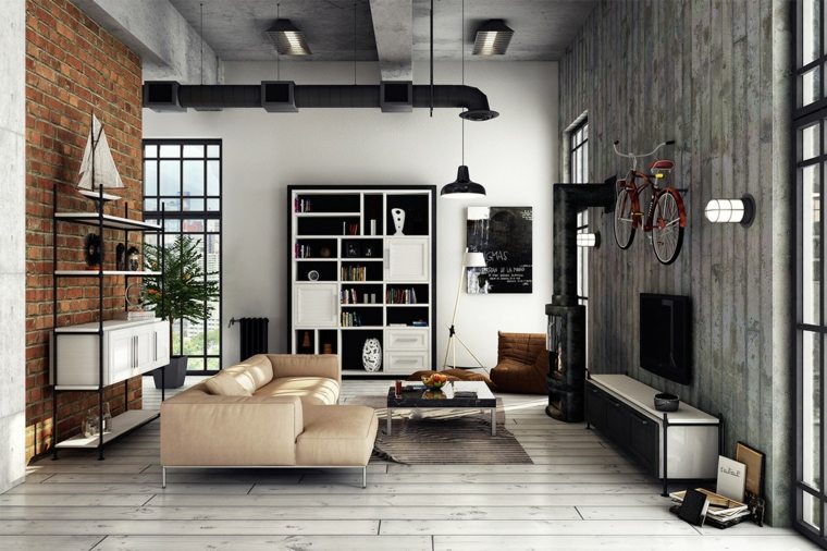 salon loft aménagement idée intérieur contemporain style industriel canapé luminaire suspension