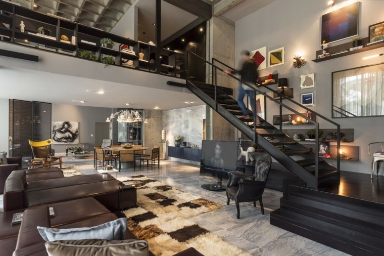 loft design aménagement idée tapis de sol moderne escalier canapé déco intérieur