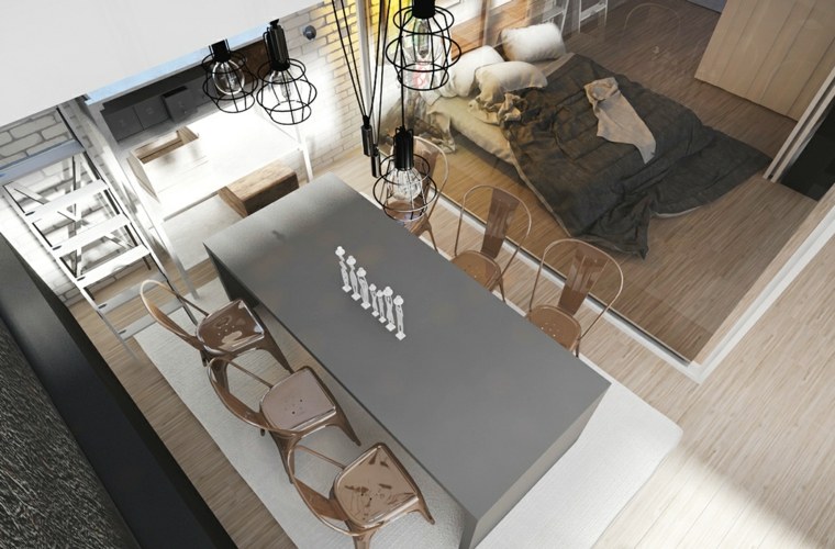 loft design salle à manger aménagement table grise design chaise métal 