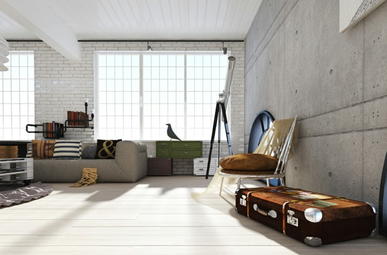 loft moderne aménagement idée déci canapé gris coussins meuble design coussin fauteuil