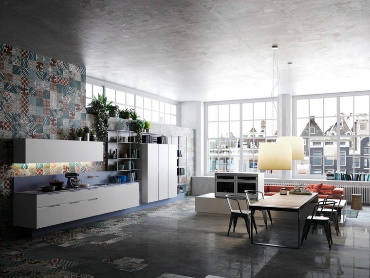 loft contemporain design moderne idée aménagement salle à manger table luminaire suspension déco mur carrelage